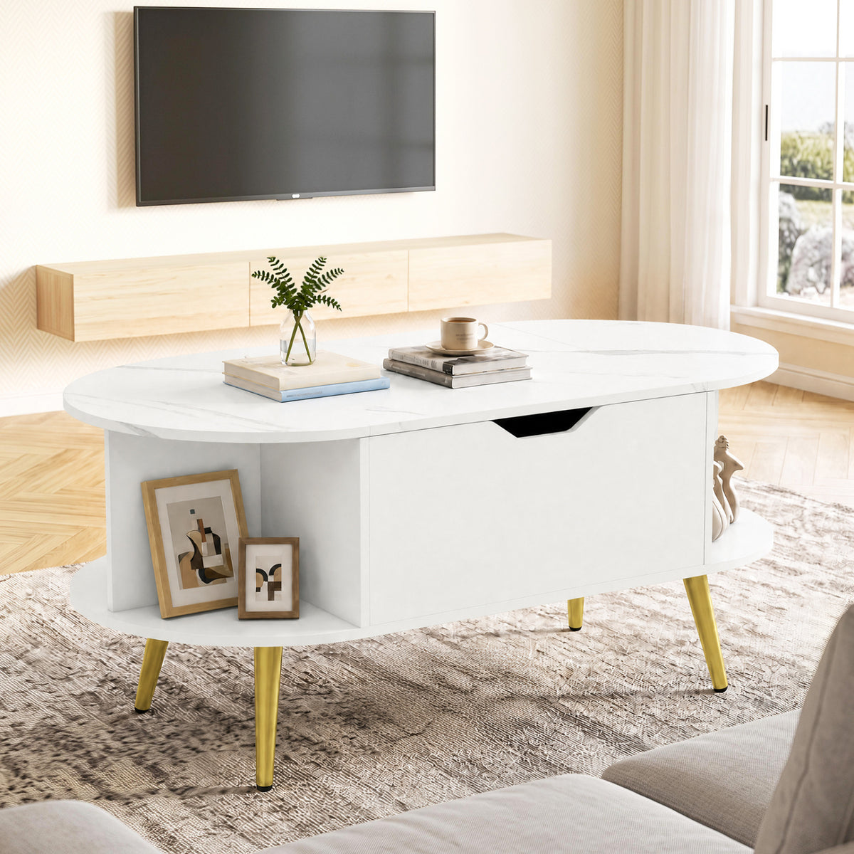 Faux Marble Lift Top Coffee Table with Hidden Compartment and Shelves-White-Coffee Tables-DECOROLALA