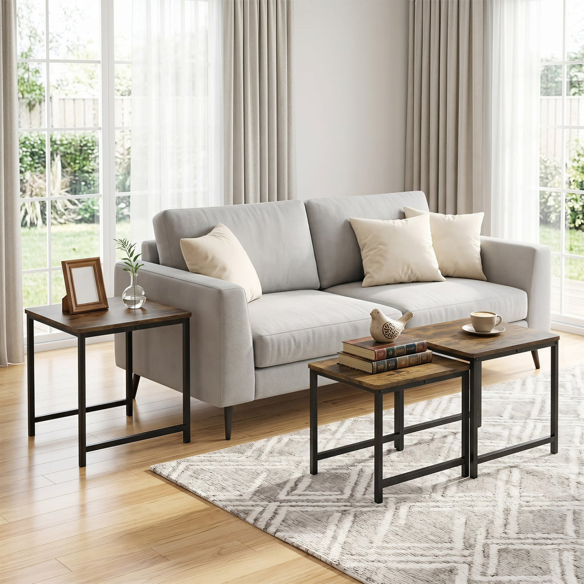 Faux Marble Nesting Table with Metal Frame Set of 3-Rustic Brown-End & Side Tables-DECOROLALA