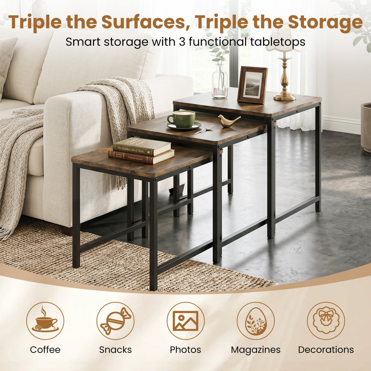 Faux Marble Nesting Table with Metal Frame Set of 3-Rustic Brown-End & Side Tables-DECOROLALA