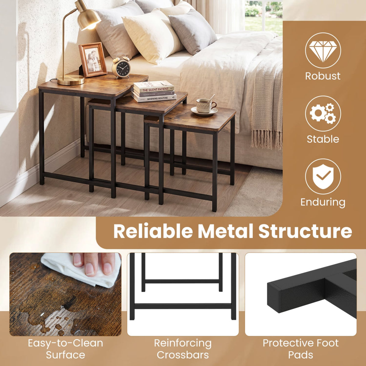 Faux Marble Nesting Table with Metal Frame Set of 3-Rustic Brown-End & Side Tables-DECOROLALA