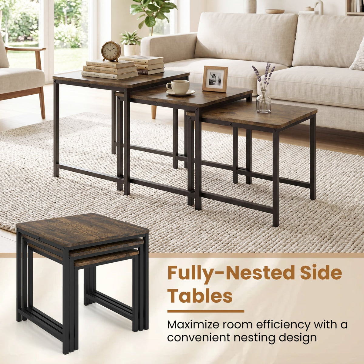 Faux Marble Nesting Table with Metal Frame Set of 3-Rustic Brown-End & Side Tables-DECOROLALA