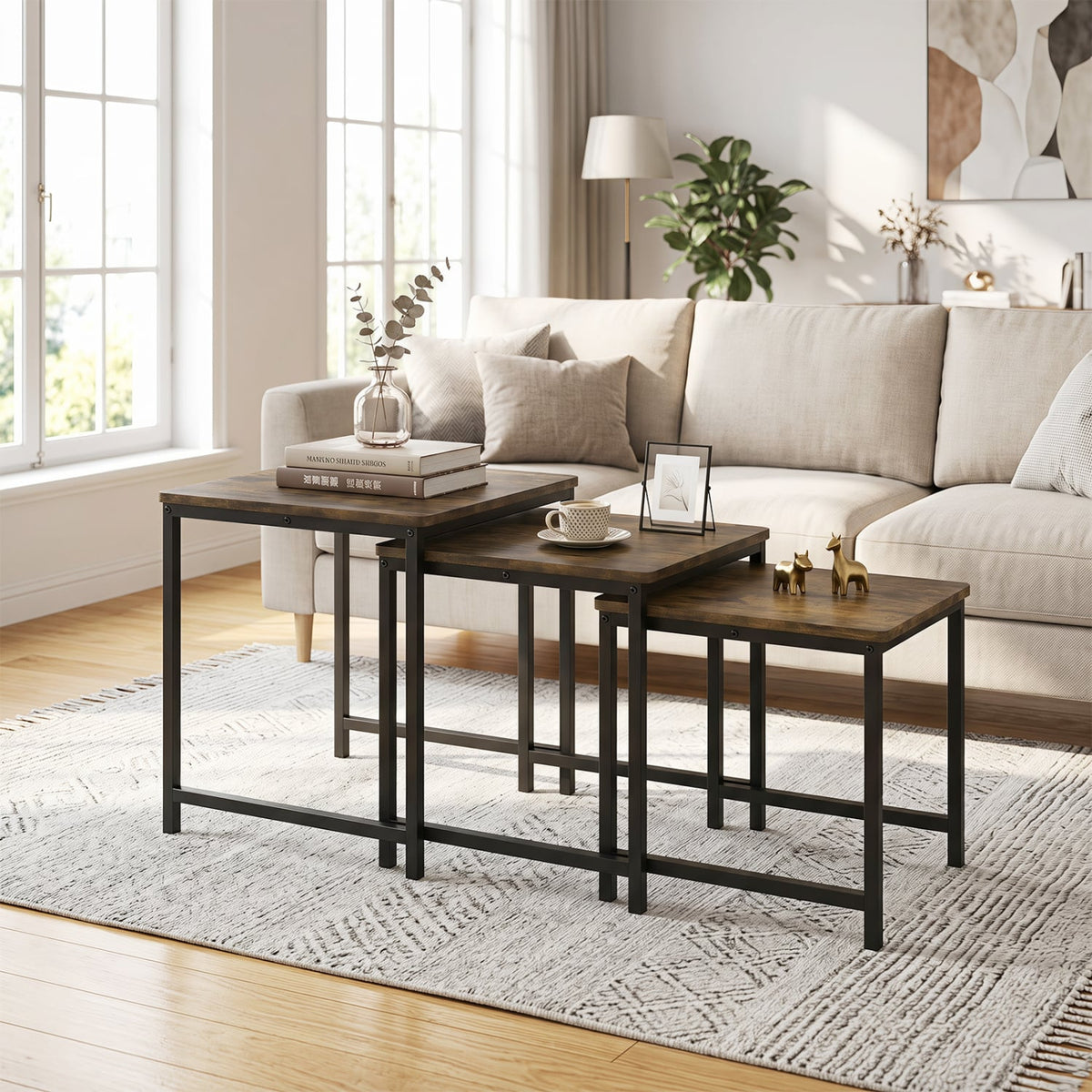 Faux Marble Nesting Table with Metal Frame Set of 3-Rustic Brown-End & Side Tables-DECOROLALA