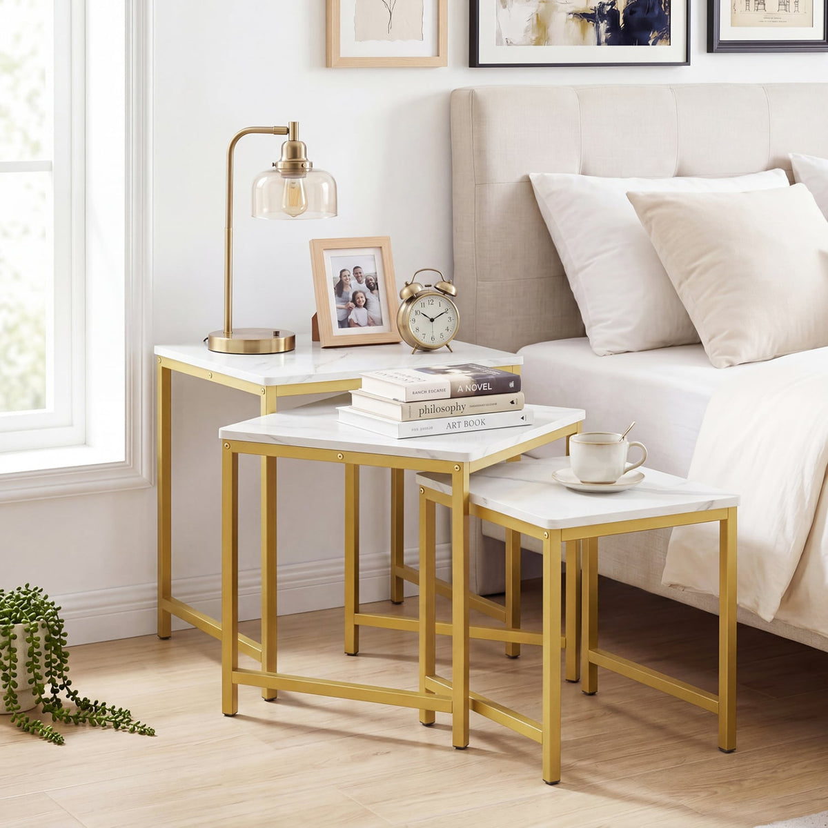 Faux Marble Nesting Table with Metal Frame Set of 3-White-End & Side Tables-DECOROLALA