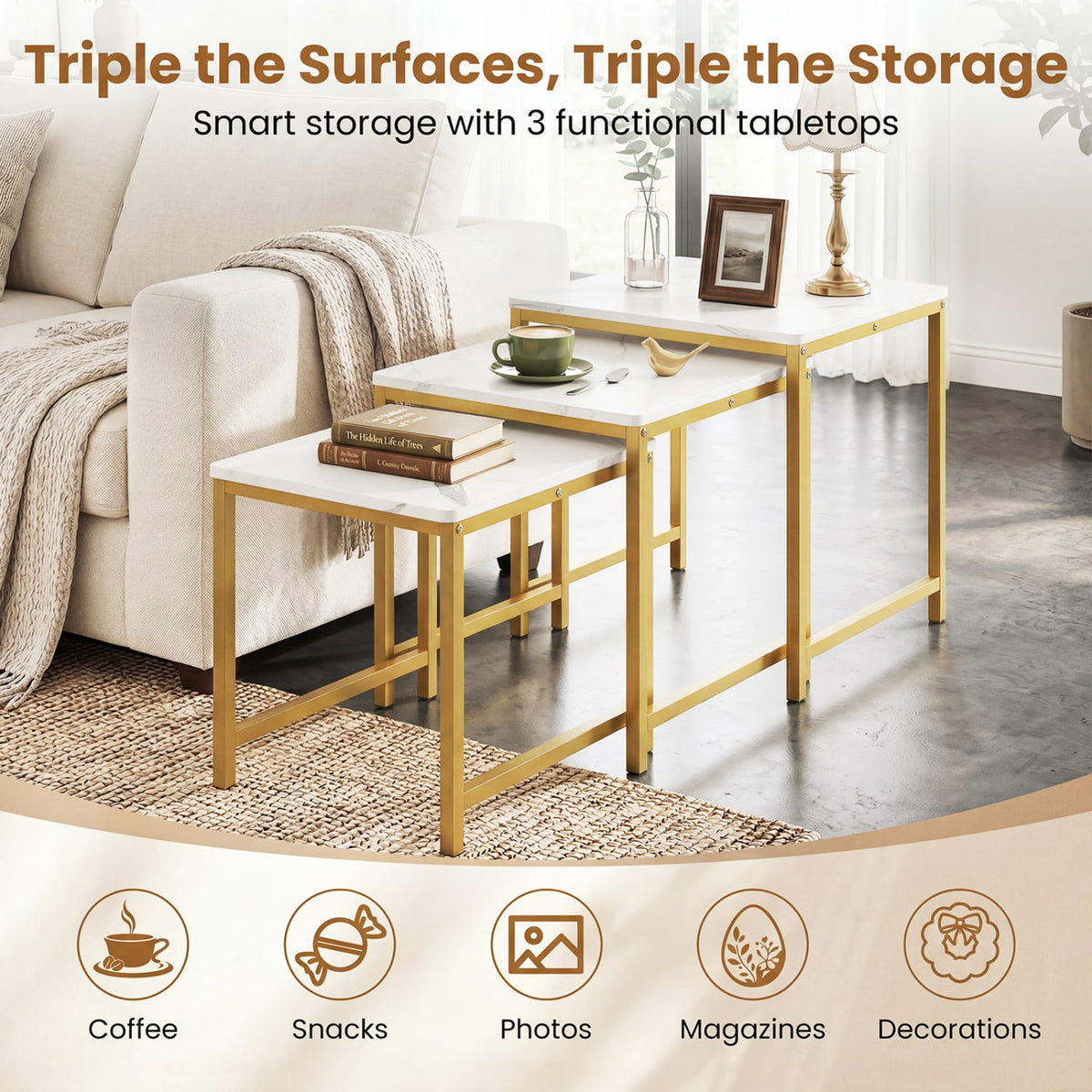 Faux Marble Nesting Table with Metal Frame Set of 3-White-End & Side Tables-DECOROLALA