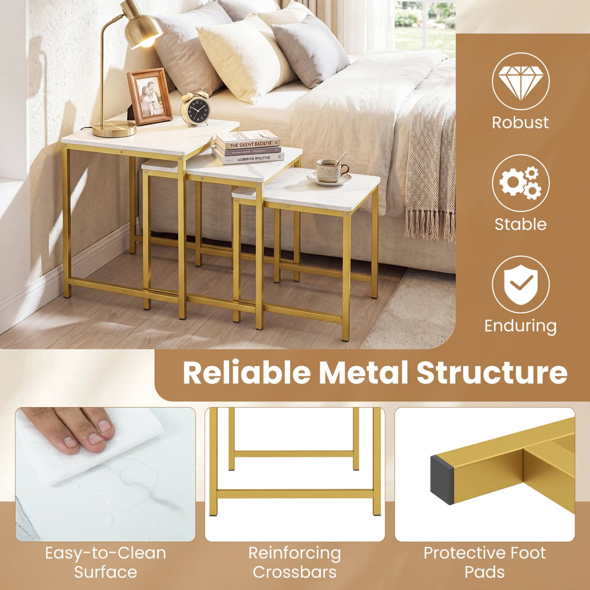 Faux Marble Nesting Table with Metal Frame Set of 3-White-End & Side Tables-DECOROLALA