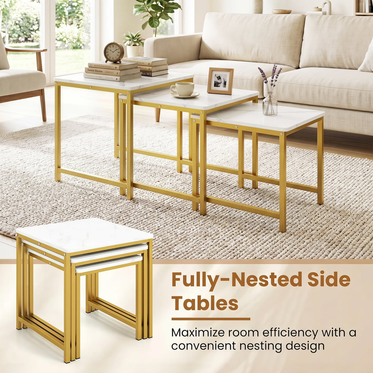 Faux Marble Nesting Table with Metal Frame Set of 3-White-End & Side Tables-DECOROLALA