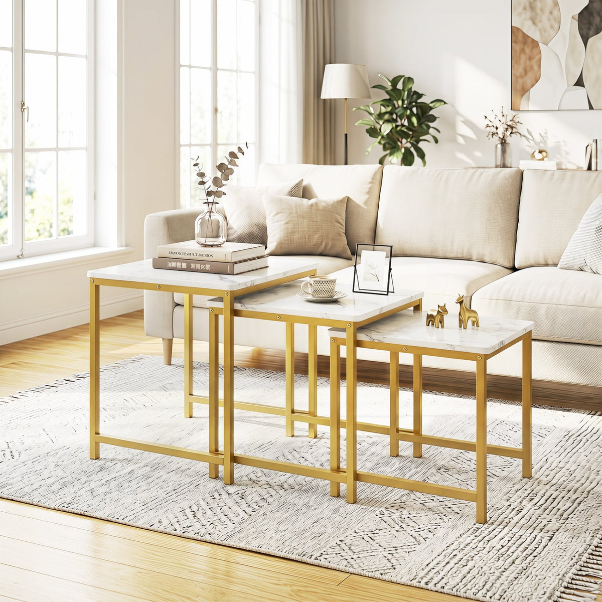 Faux Marble Nesting Table with Metal Frame Set of 3-White-End & Side Tables-DECOROLALA