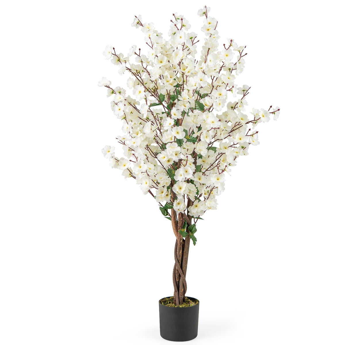 Faux Plum Blossom Plant with White Fabric Flower and Solid Wood Trunk-White-Artificial Plants-DECOROLALA