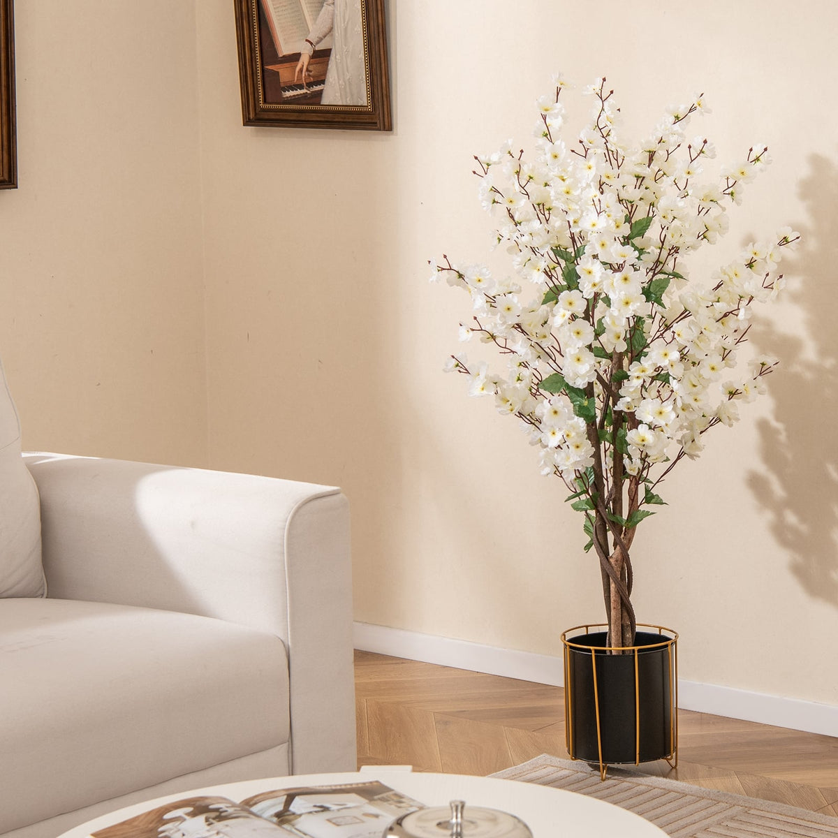 Faux Plum Blossom Plant with White Fabric Flower and Solid Wood Trunk-White-Artificial Plants-DECOROLALA