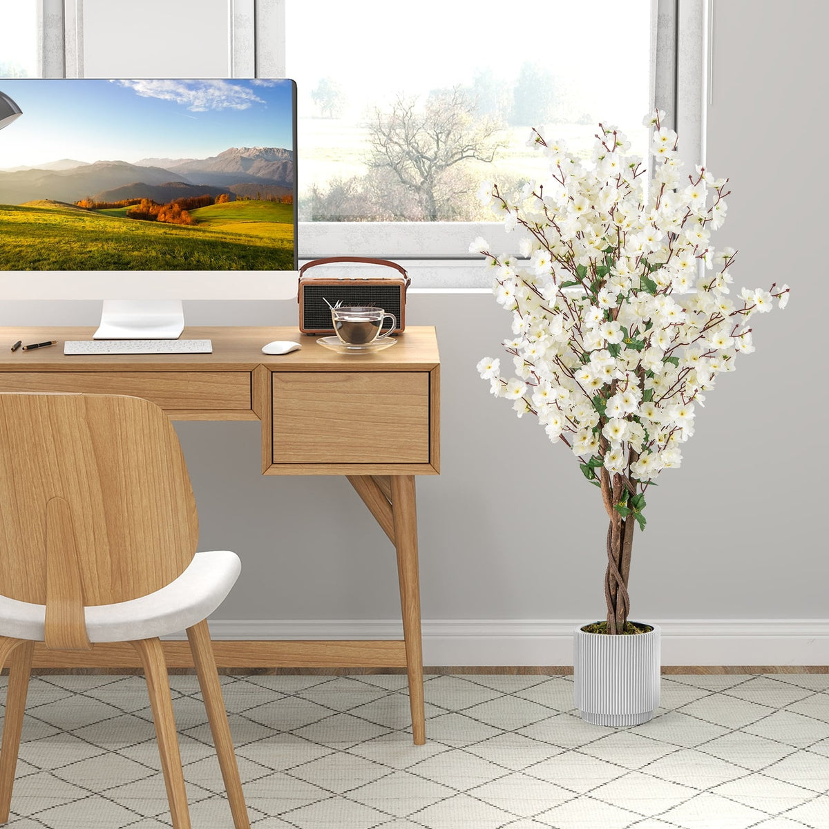 Faux Plum Blossom Plant with White Fabric Flower and Solid Wood Trunk-White-Artificial Plants-DECOROLALA