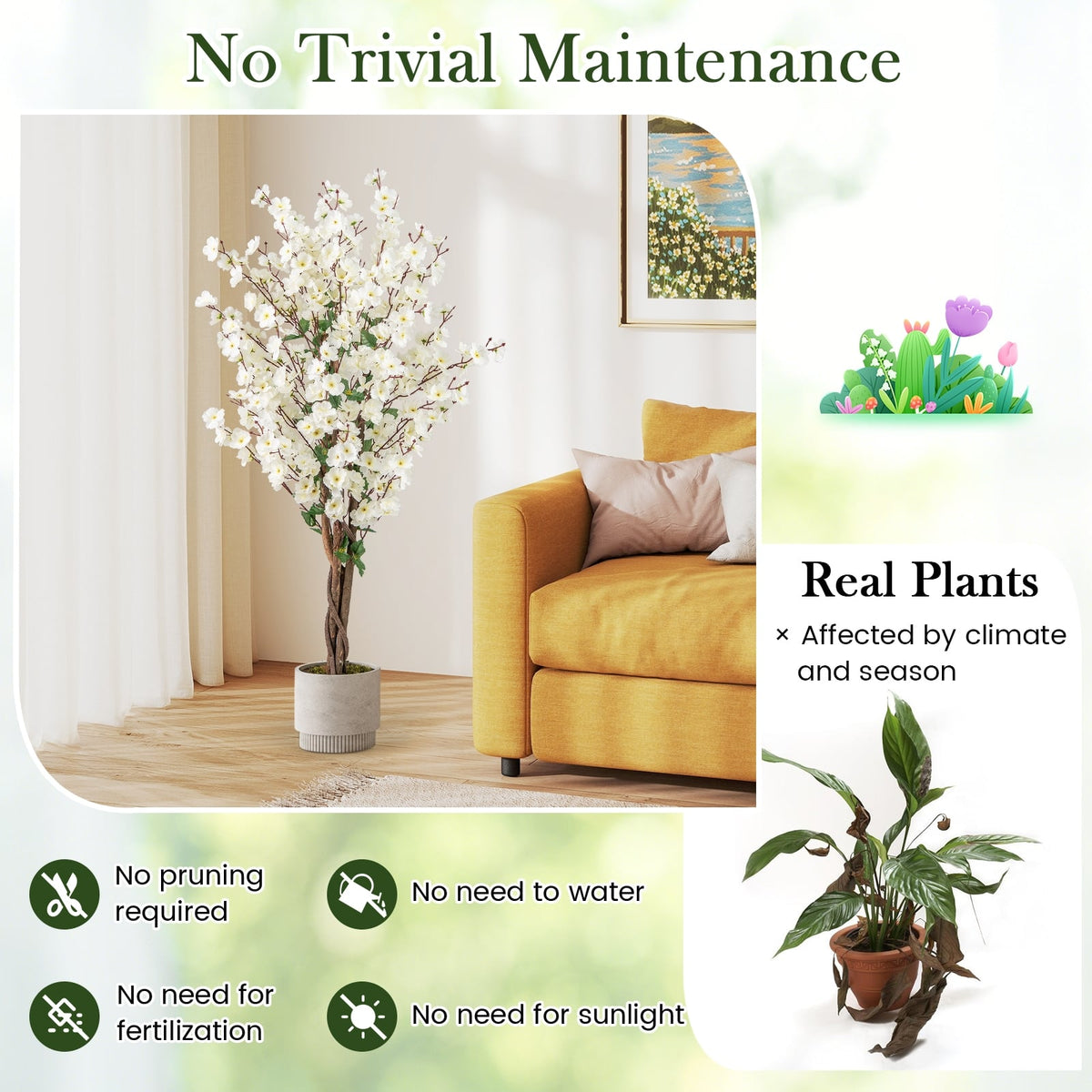 Faux Plum Blossom Plant with White Fabric Flower and Solid Wood Trunk-White-Artificial Plants-DECOROLALA