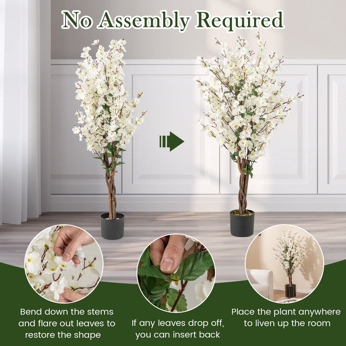 Faux Plum Blossom Plant with White Fabric Flower and Solid Wood Trunk-White-Artificial Plants-DECOROLALA