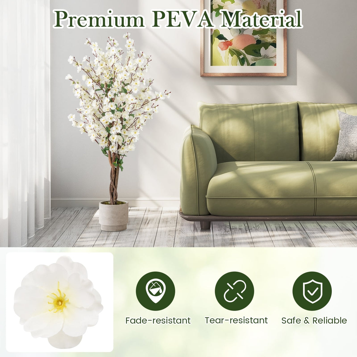 Faux Plum Blossom Plant with White Fabric Flower and Solid Wood Trunk-White-Artificial Plants-DECOROLALA