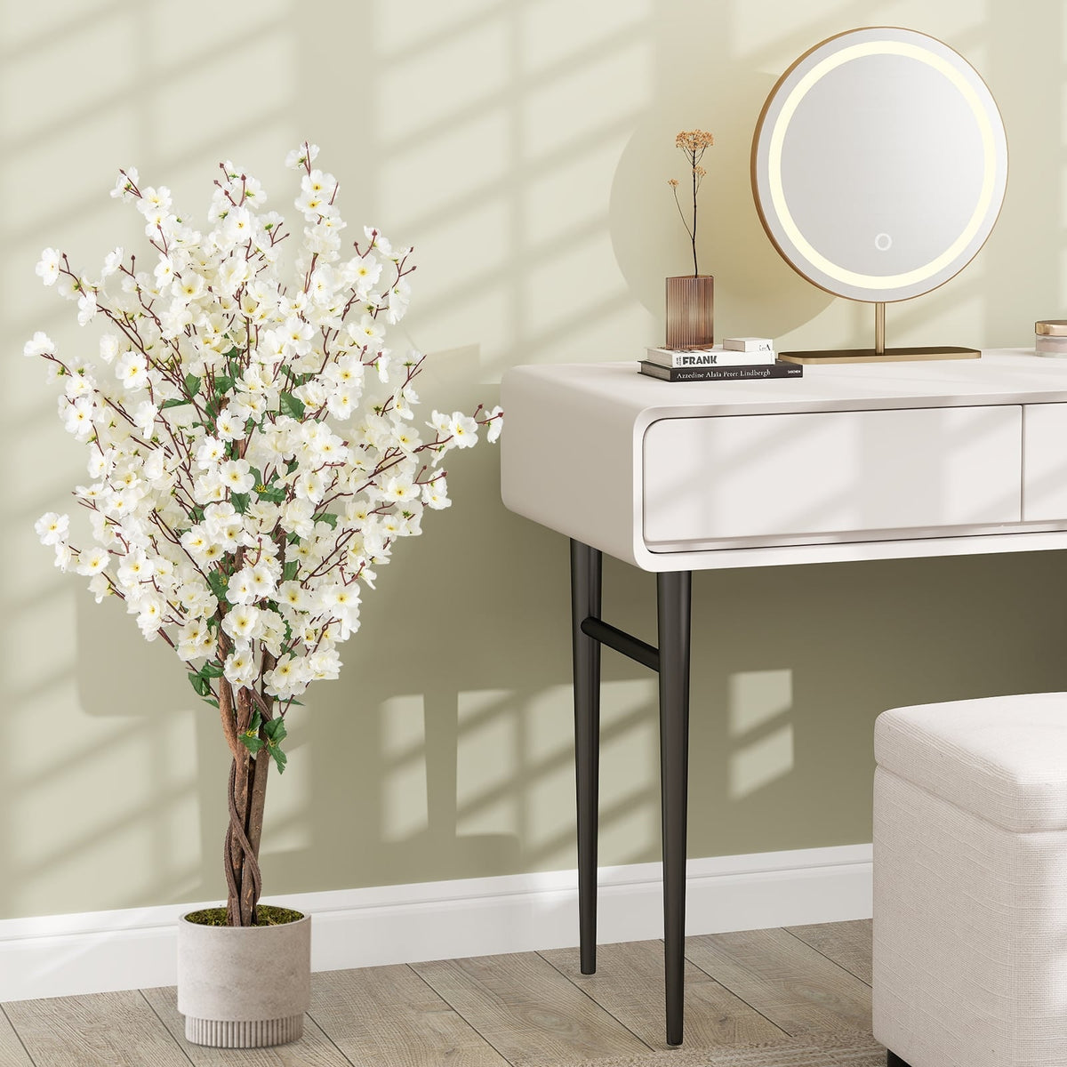 Faux Plum Blossom Plant with White Fabric Flower and Solid Wood Trunk-White-Artificial Plants-DECOROLALA