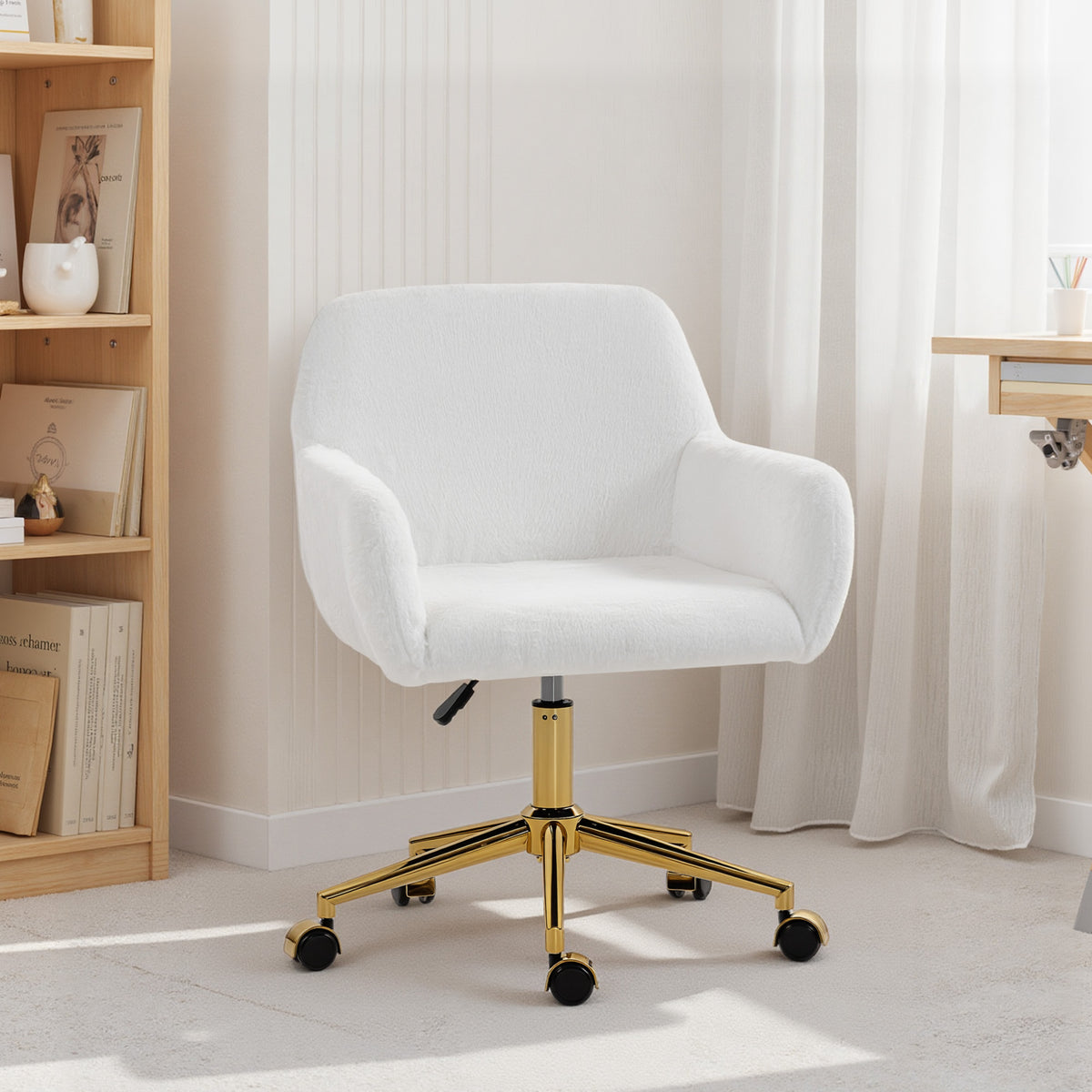 Faux Rabbit Fur Office Chair - Cream White & Gold Base-Office Products > Office Furniture > Office Chairs > Task Chairs-DECOROLALA