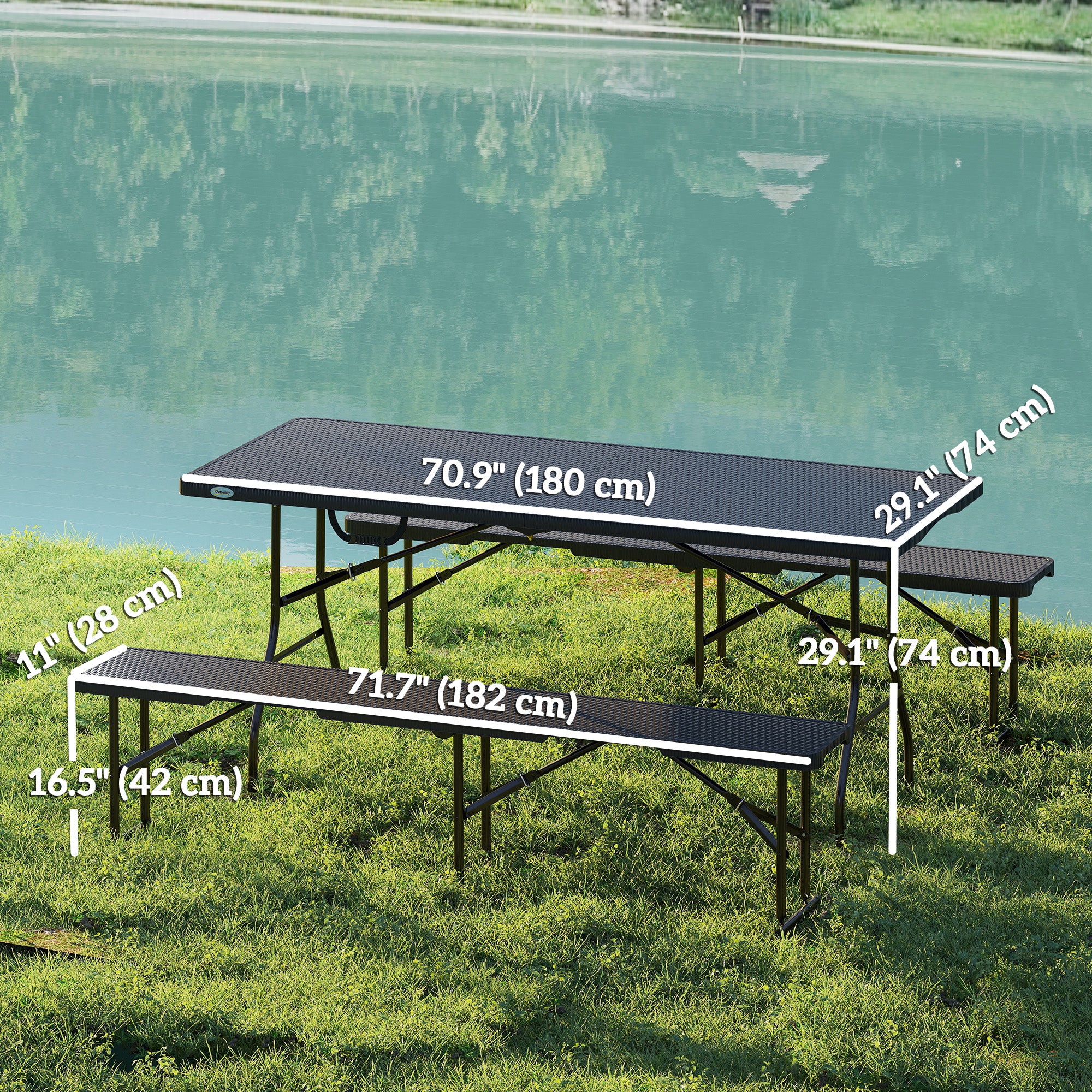 Faux Rattan 6FT 3-Piece Outdoor Picnic Table Bench Set, Black-DECOROLALA
