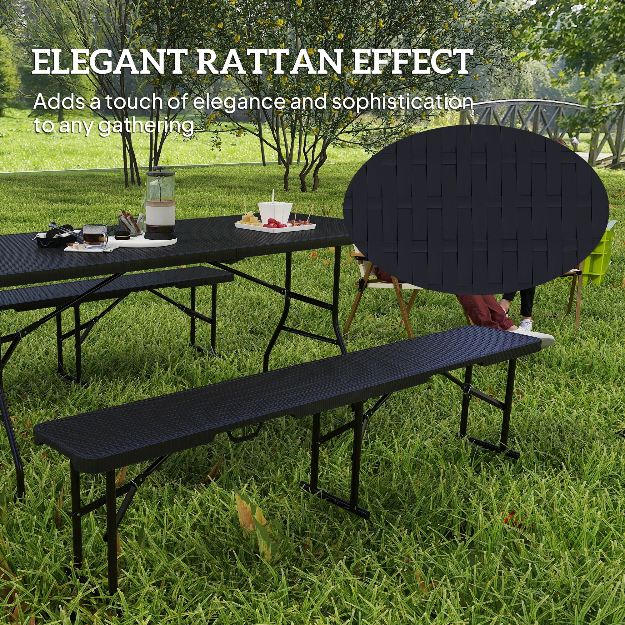 Faux Rattan 6FT 3-Piece Outdoor Picnic Table Bench Set, Black-DECOROLALA