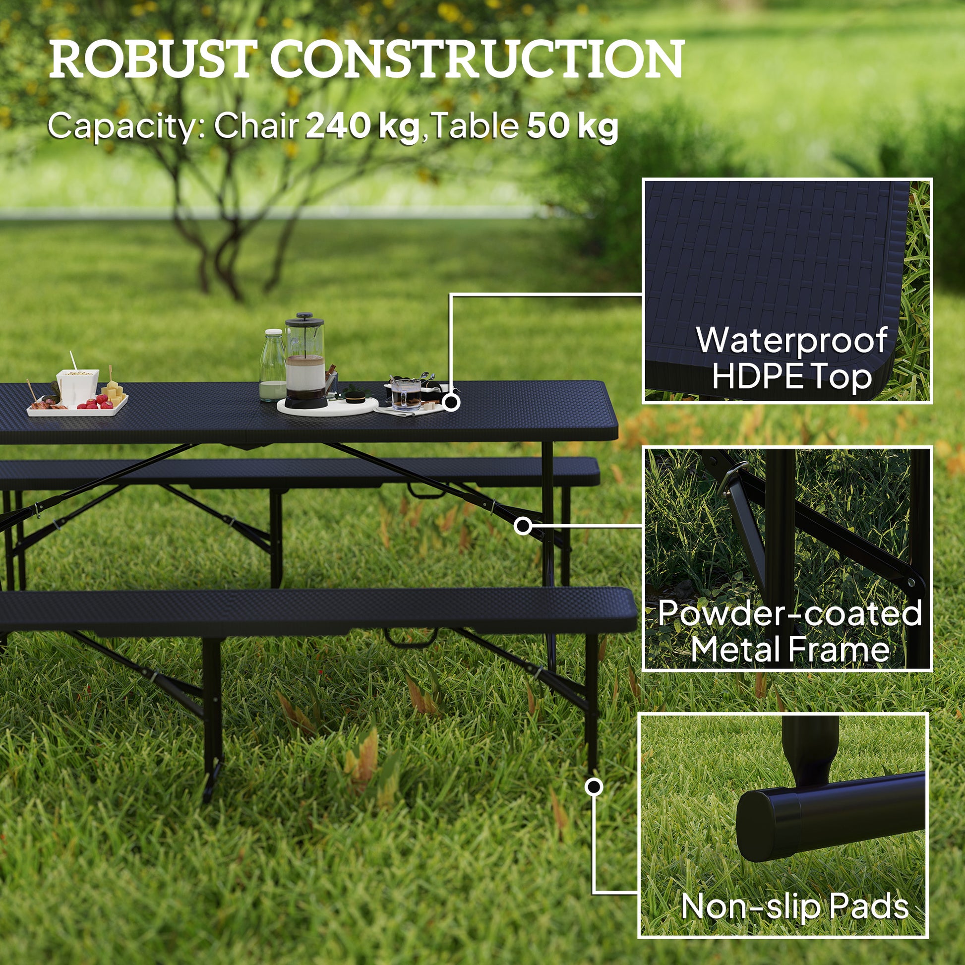 Faux Rattan 6FT 3-Piece Outdoor Picnic Table Bench Set, Black-DECOROLALA