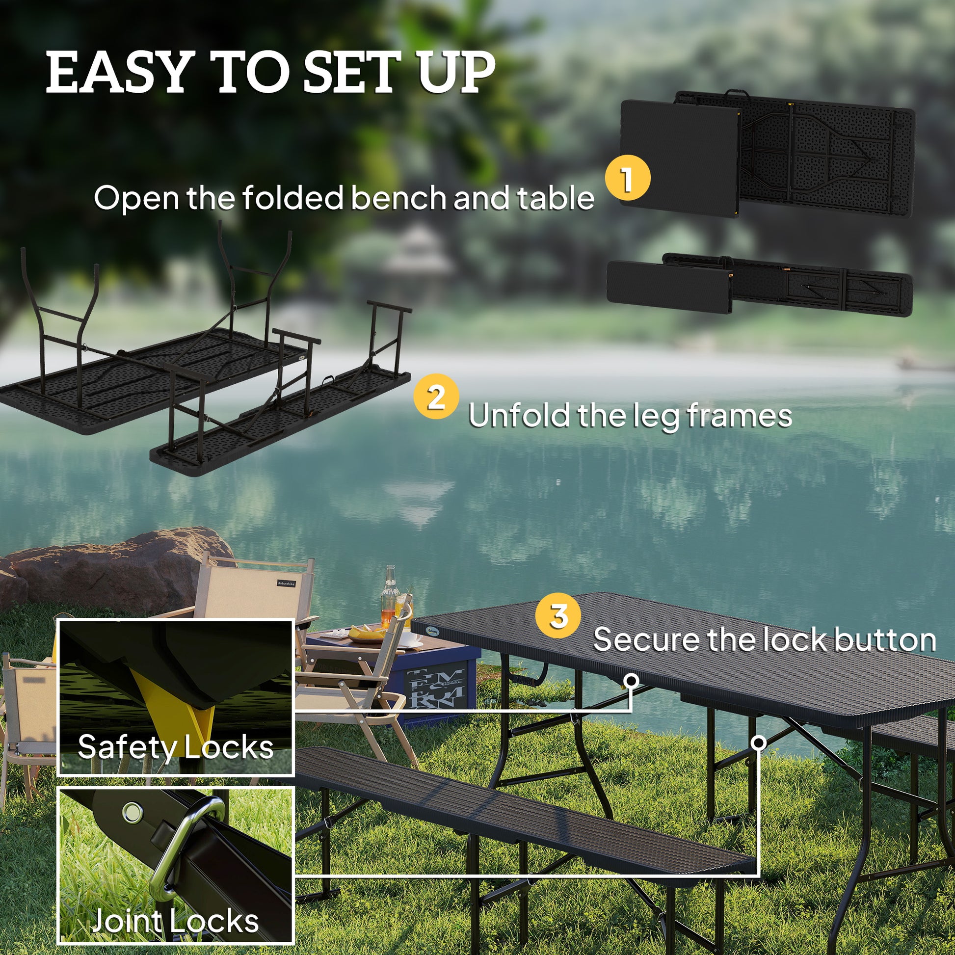 Faux Rattan 6FT 3-Piece Outdoor Picnic Table Bench Set, Black-DECOROLALA