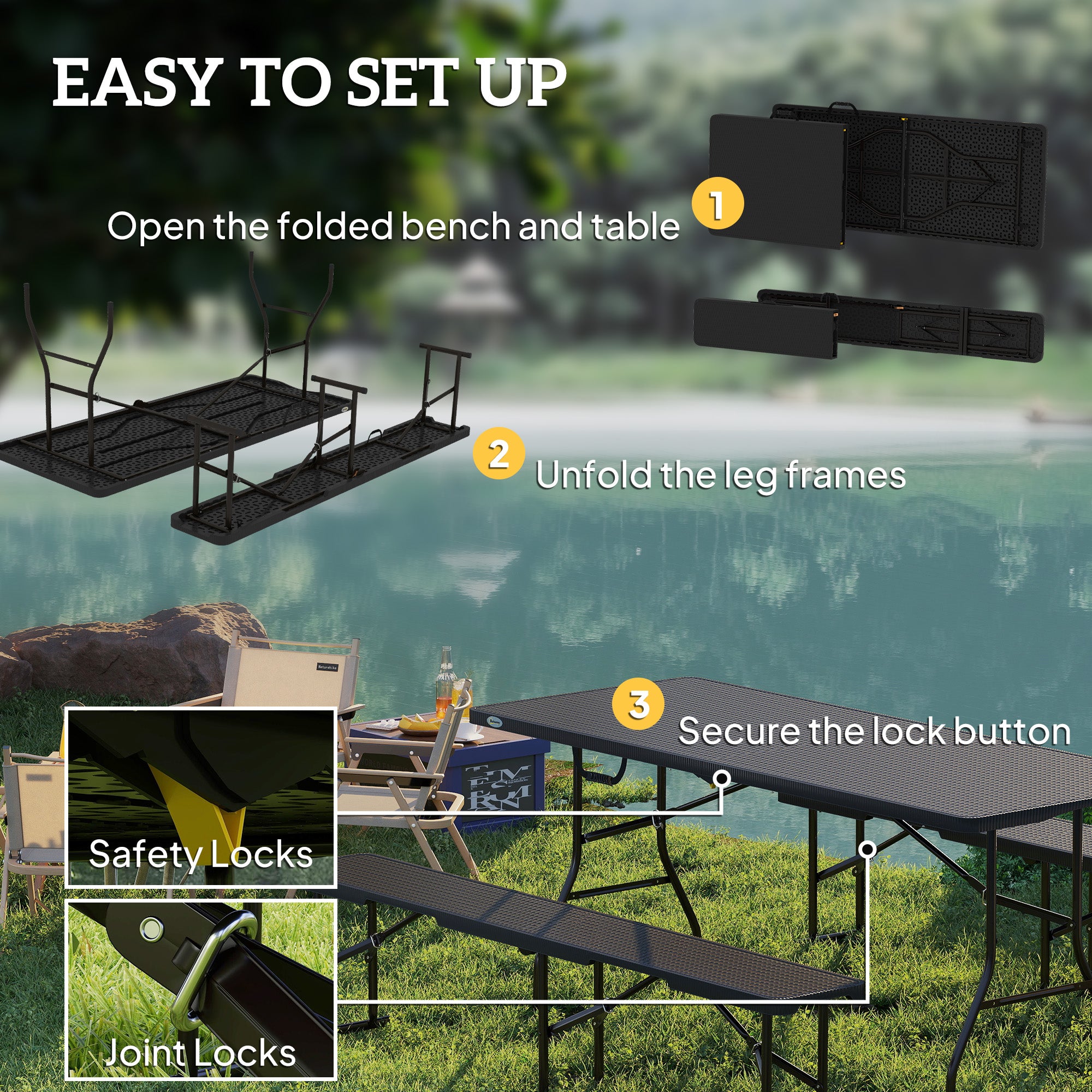 Faux Rattan 6FT 3-Piece Outdoor Picnic Table Bench Set, Black-DECOROLALA