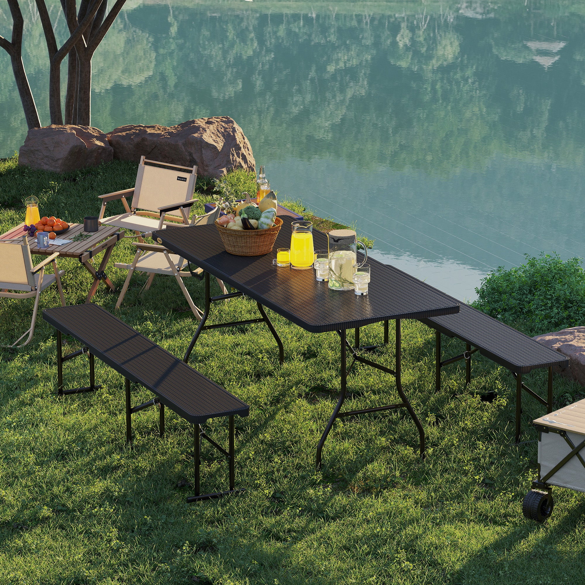 Faux Rattan 6FT 3-Piece Outdoor Picnic Table Bench Set, Black-DECOROLALA