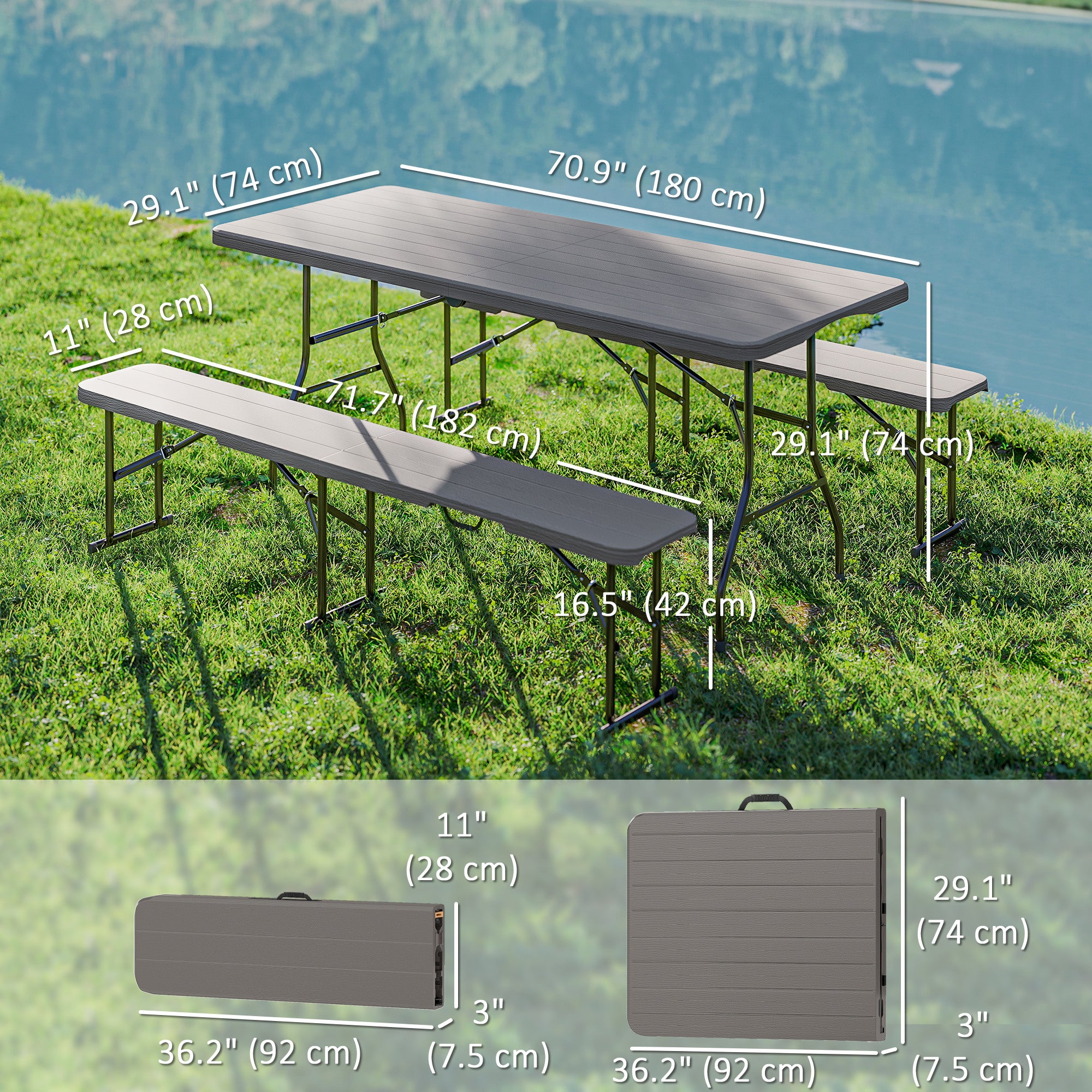 Faux Rattan Picnic Table & Bench Set, 6FT, 3-Piece Brown Folding Set-DECOROLALA
