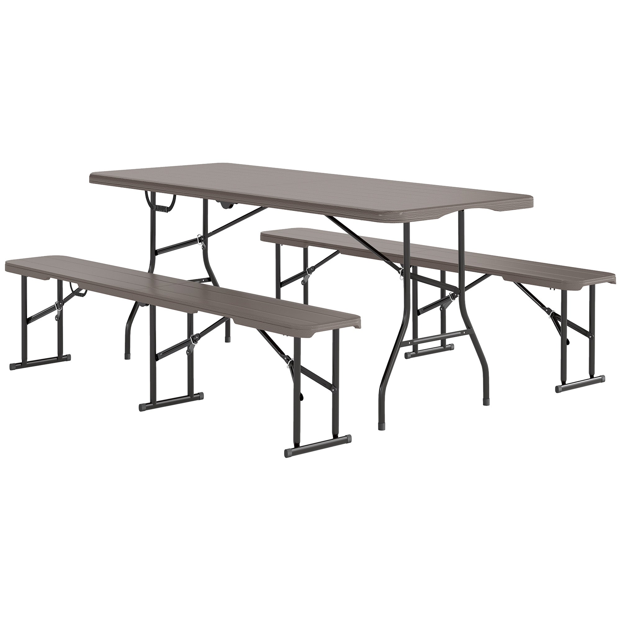 Faux Rattan Picnic Table & Bench Set, 6FT, 3-Piece Brown Folding Set-DECOROLALA