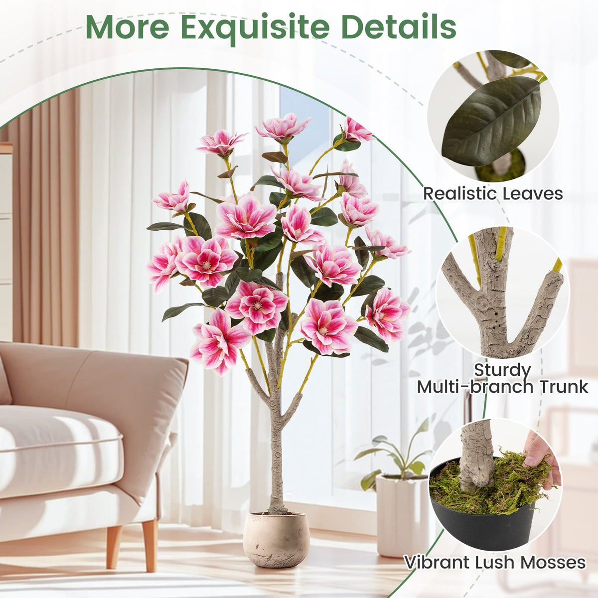 Faux Wedding Flower Plant with Elegant PEVA Leaves and Multi-branch Trunks-Pink-Artificial Plants-DECOROLALA