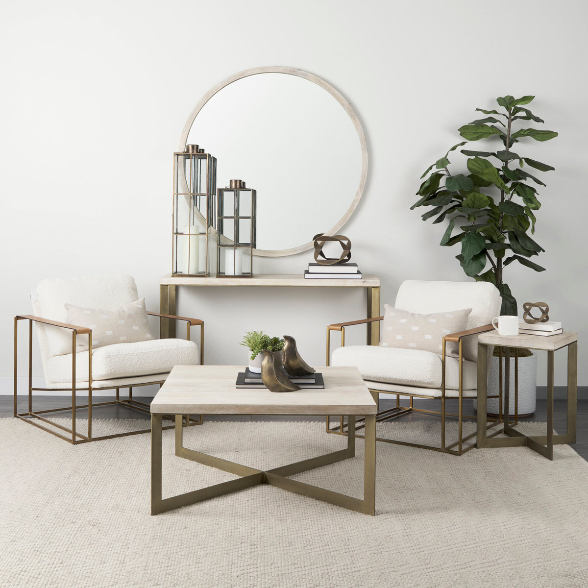 Faye 34L x 34W x 17H Finished Wood W/Gold Metal Base Square Coffee Table-Coffee Tables-DECOROLALA