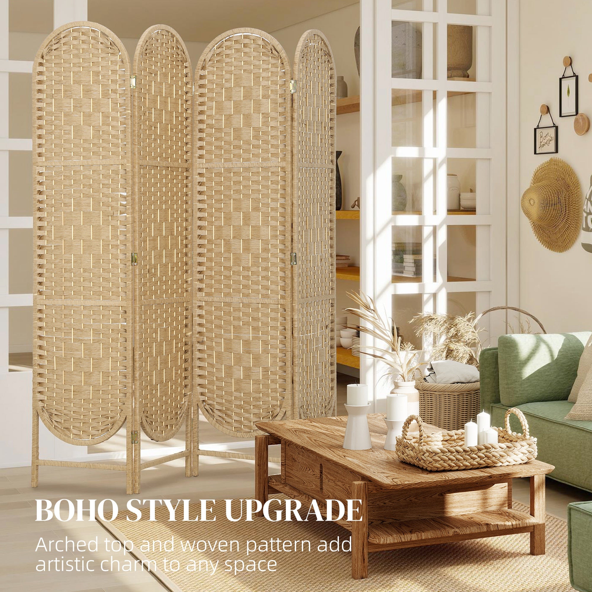 Bohemian Privacy Screen, Folding Room Divider with 4 Panels and Arched Top for Bedroom Living Room Office, Natural Wood