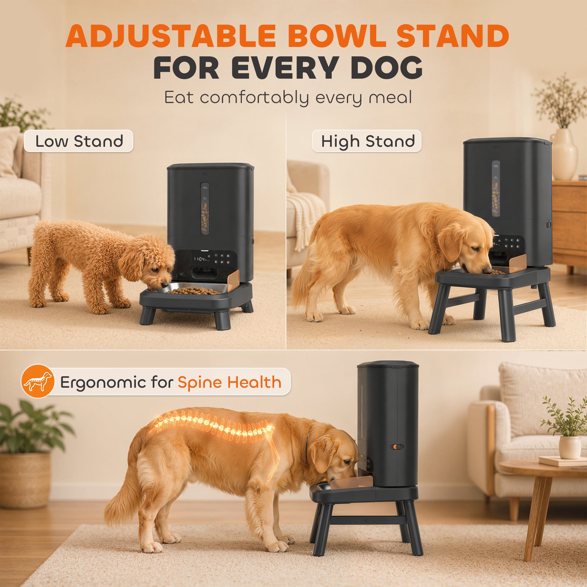 15L/63 Cups Anti-Clog Automatic Dog Feeder for Large Breed up to 23mm, Elevated Design,  Dual Power, Easy to Set Up
