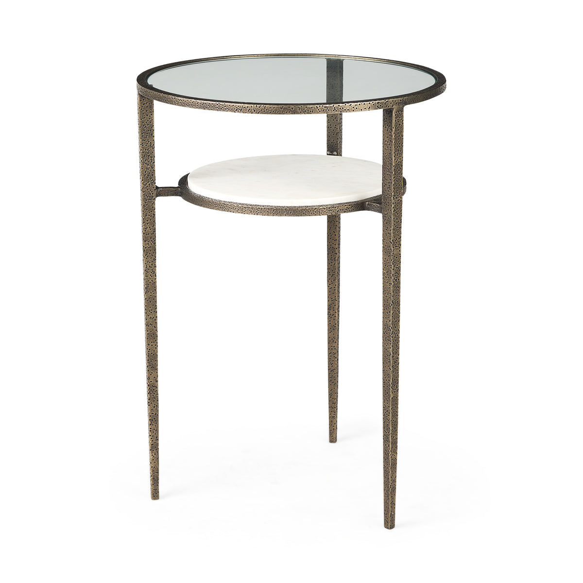 Felicity 15.8L X 15.8W X 22.5H Glass Top W/ White Marble Shelf and Antique Gold Base End/Side Table-End and Side Tables-DECOROLALA
