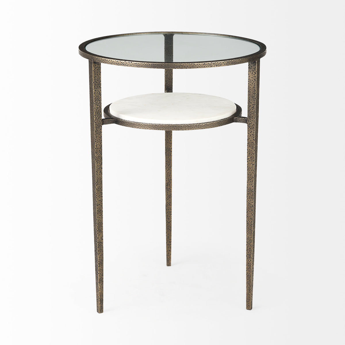 Felicity 15.8L X 15.8W X 22.5H Glass Top W/ White Marble Shelf and Antique Gold Base End/Side Table-End and Side Tables-DECOROLALA