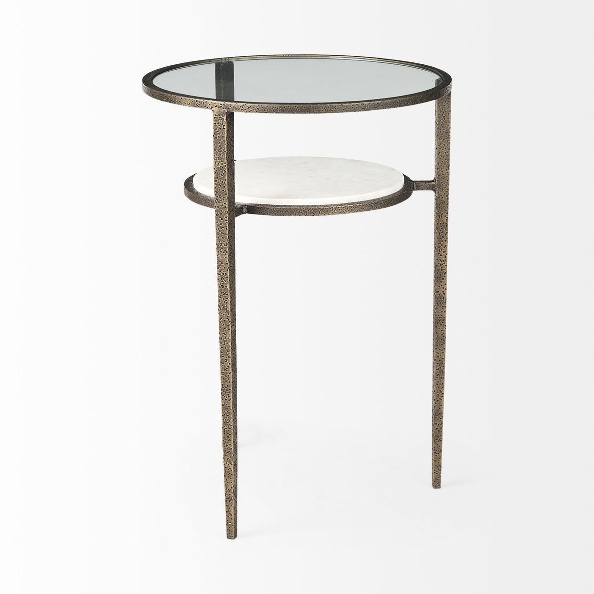 Felicity 15.8L X 15.8W X 22.5H Glass Top W/ White Marble Shelf and Antique Gold Base End/Side Table-End and Side Tables-DECOROLALA