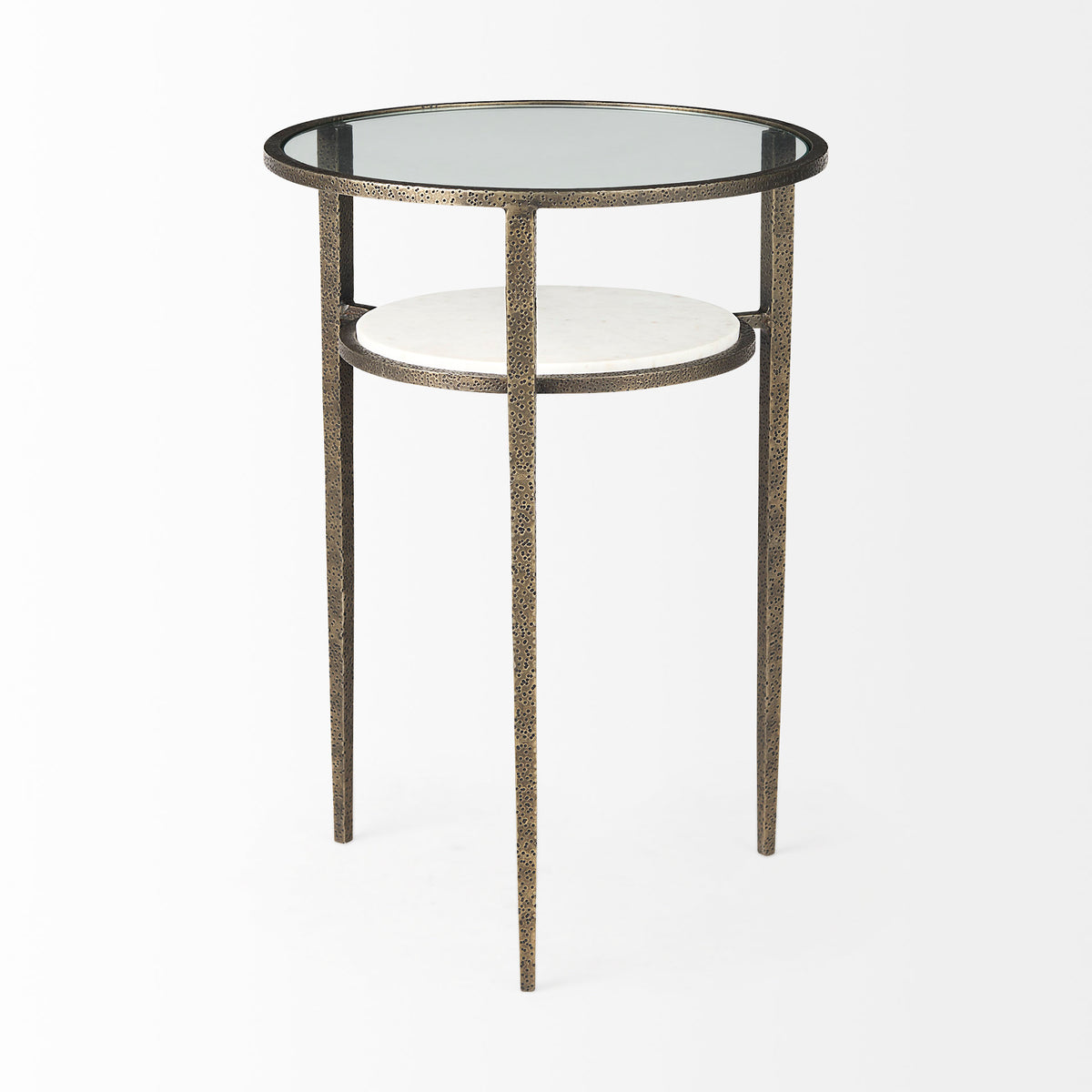Felicity 15.8L X 15.8W X 22.5H Glass Top W/ White Marble Shelf and Antique Gold Base End/Side Table-End and Side Tables-DECOROLALA