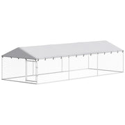Chenil extérieur pour chien de 19.7' x 7.5' x 4.9', en acier galvanisé robuste avec grillage à mailles losangées et toit résistant aux UV, argenté