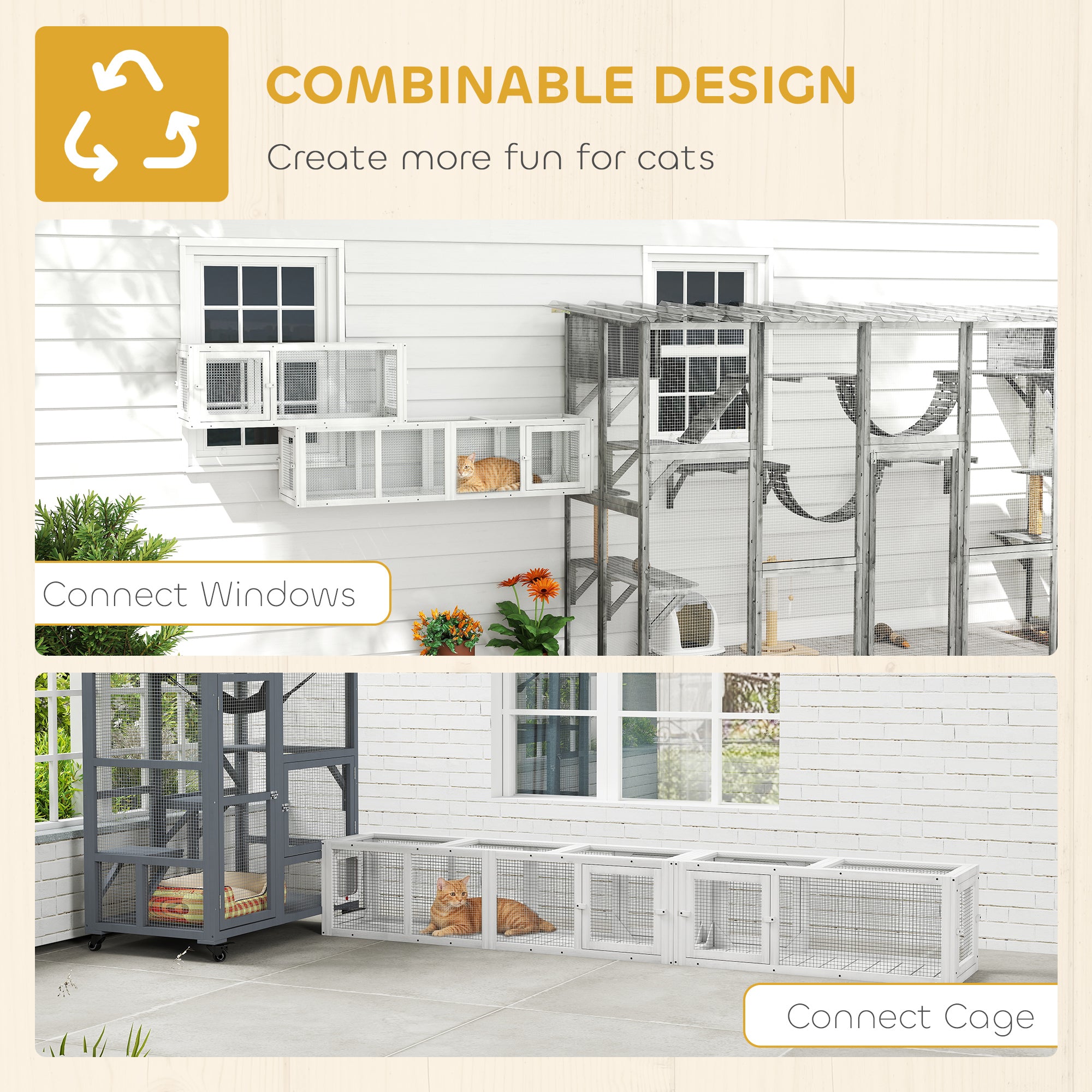 Cat Tunnel, Outdoor Cat Enclosure with Combinable Design, 8 Doors, 98" Kitty Toys for House, Window, Cage, White