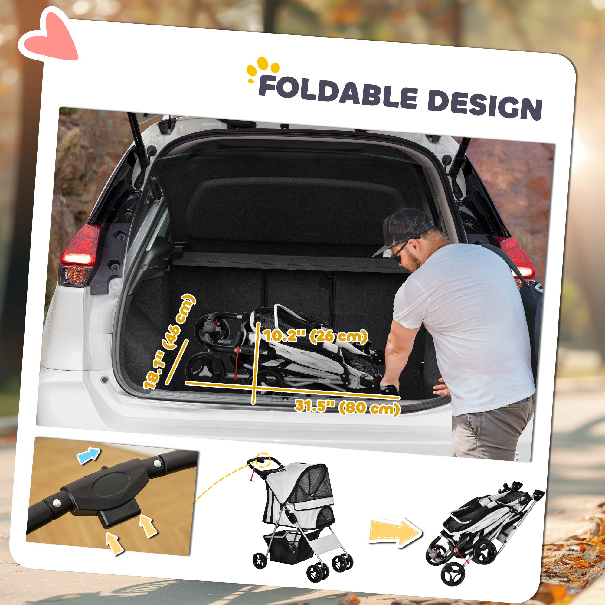 Cat Dog Stroller, One-click Foldable Pet Stroller w/Cup Holder, 4 Wheels Travel Carrier w/Brakes, 360° Swiveling Front Wheels, Storage Basket, for XS/Small Dogs Cats, Grey
