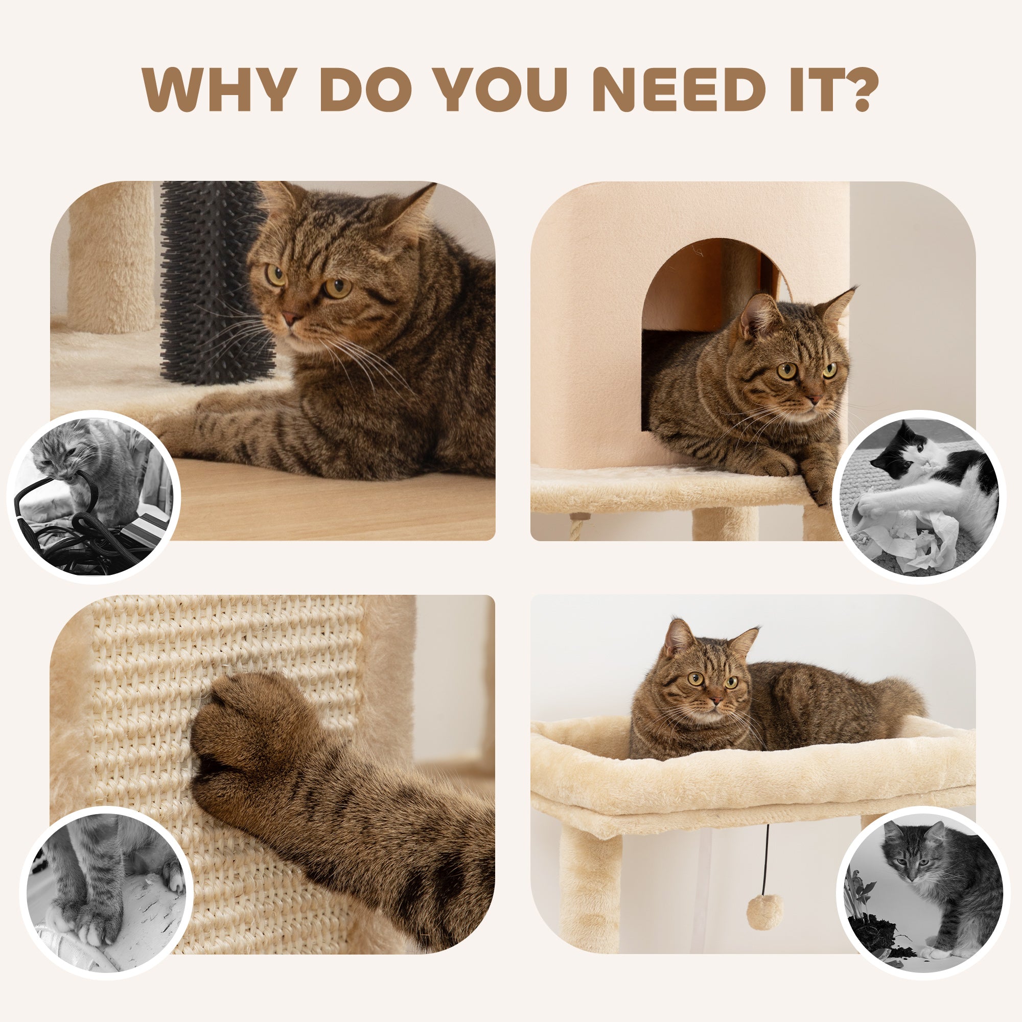 52 Inch Cat Tree with Scratching Posts, Cat Bed, Condo, Grooming Brush, Jumping Platforms, Toy Balls, Anti-tip Kit