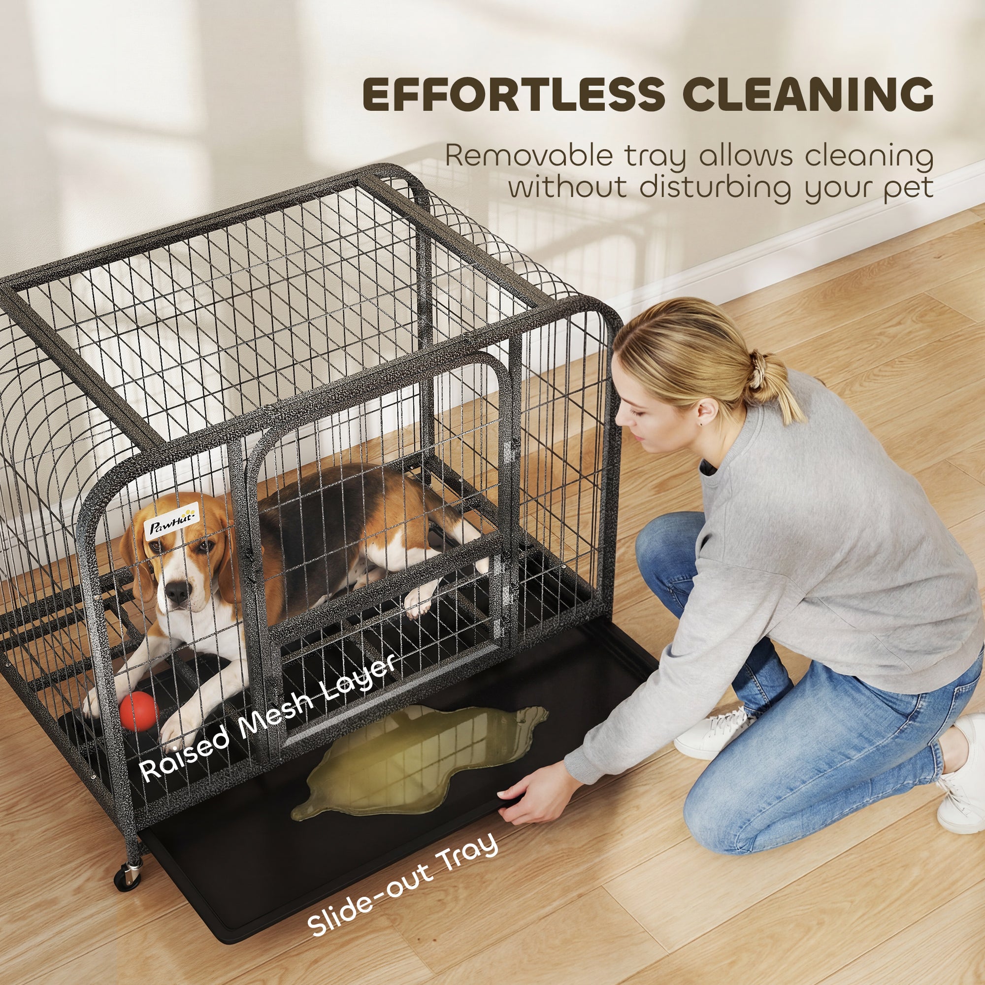 37 Inch Heavy Duty Dog Crate, Large Metal Dog Cage with Lockable Wheels and Removable Tray
