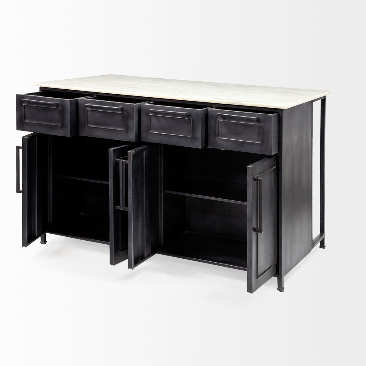 Fieri Solid Iron Black Body White Marble Top Four Drawer Kitchen Island-Kitchen Islands-DECOROLALA