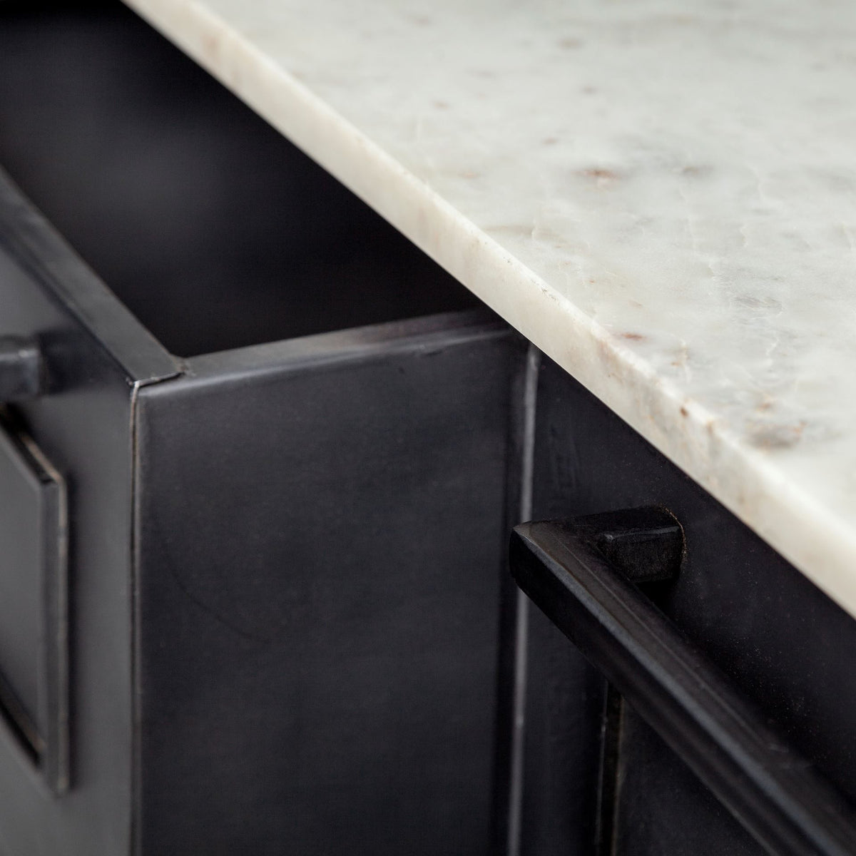 Fieri Solid Iron Black Body White Marble Top Four Drawer Kitchen Island-Kitchen Islands-DECOROLALA
