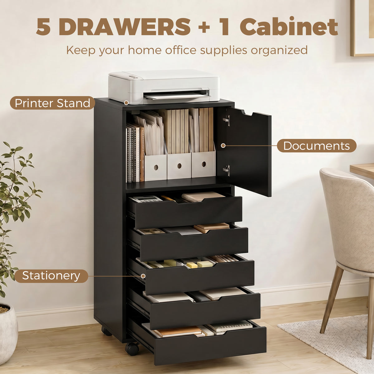 File Cabinet on Wheels Mobile Printer Stand with 5 Drawers for Home Office Black-Office Products > Office Furniture > Office Cabinets & Cupboards-DECOROLALA