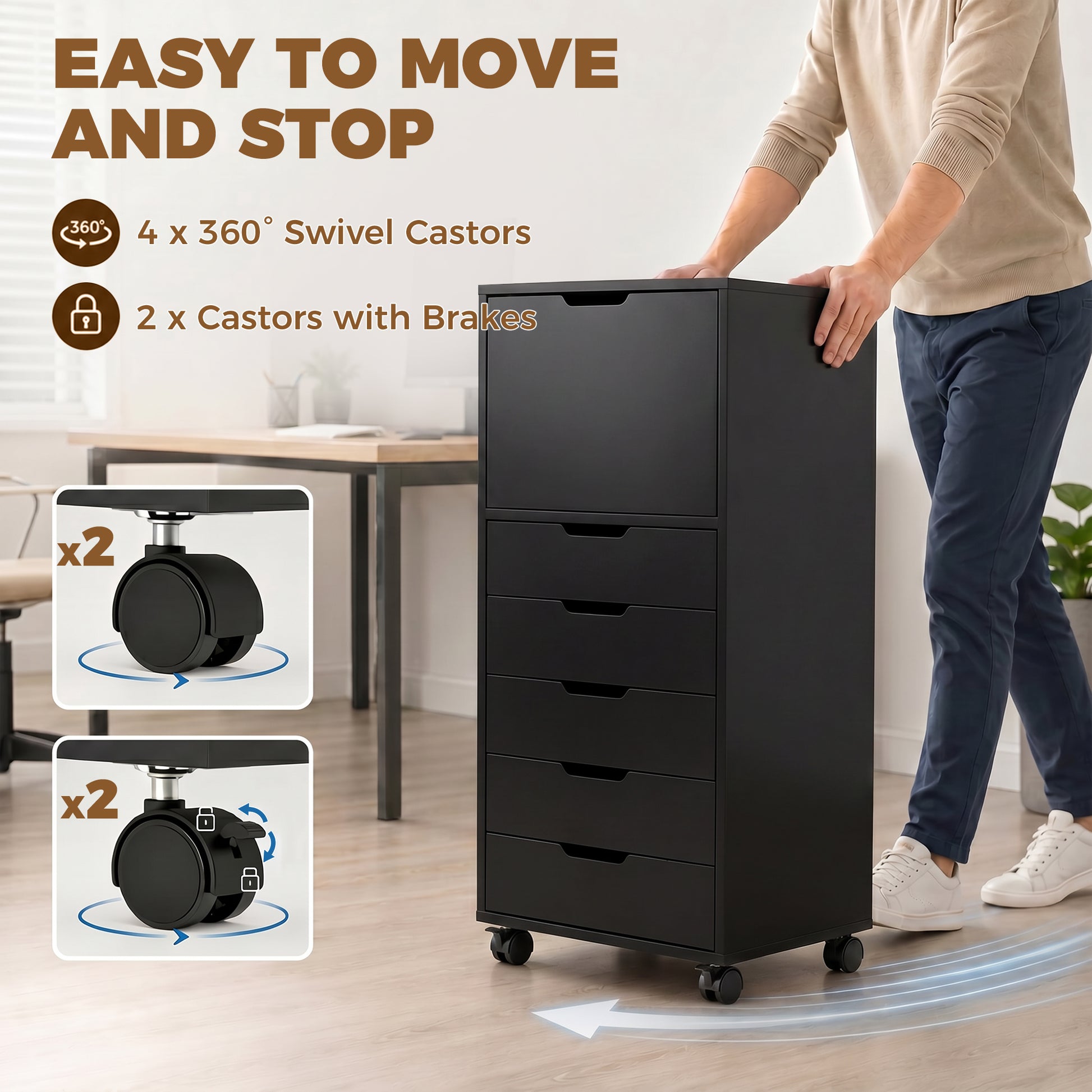 File Cabinet on Wheels Mobile Printer Stand with 5 Drawers for Home Office Black-Office Products > Office Furniture > Office Cabinets & Cupboards-DECOROLALA