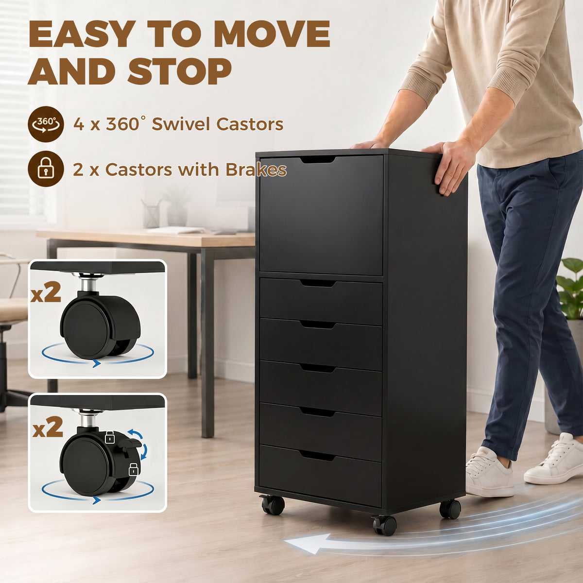 File Cabinet on Wheels Mobile Printer Stand with 5 Drawers for Home Office Black-Office Products > Office Furniture > Office Cabinets & Cupboards-DECOROLALA