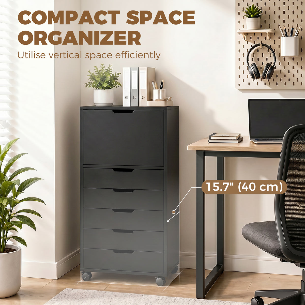 File Cabinet on Wheels Mobile Printer Stand with 5 Drawers for Home Office Black-Office Products > Office Furniture > Office Cabinets & Cupboards-DECOROLALA