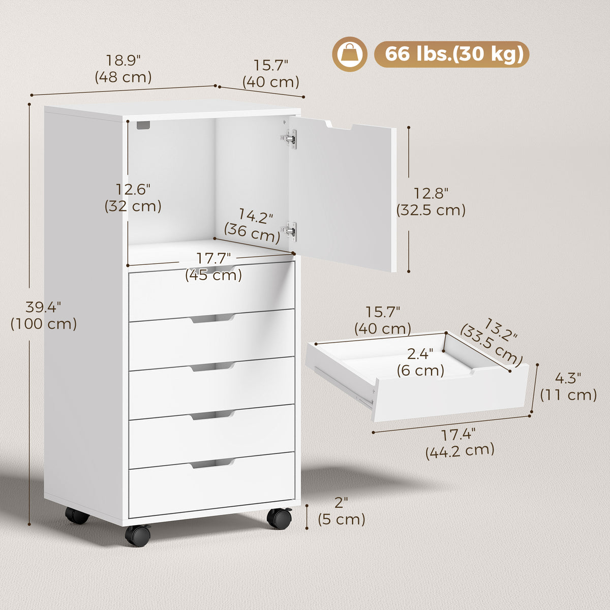 File Cabinet on Wheels Mobile Printer Stand with 5 Drawers for Home Office White-Office Products > Office Furniture > Office Cabinets & Cupboards-DECOROLALA