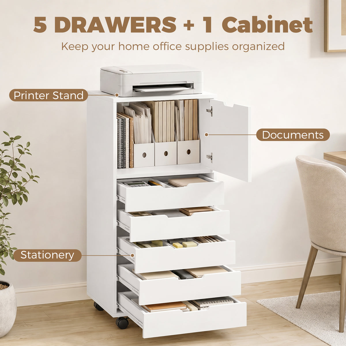 File Cabinet on Wheels Mobile Printer Stand with 5 Drawers for Home Office White-Office Products > Office Furniture > Office Cabinets & Cupboards-DECOROLALA