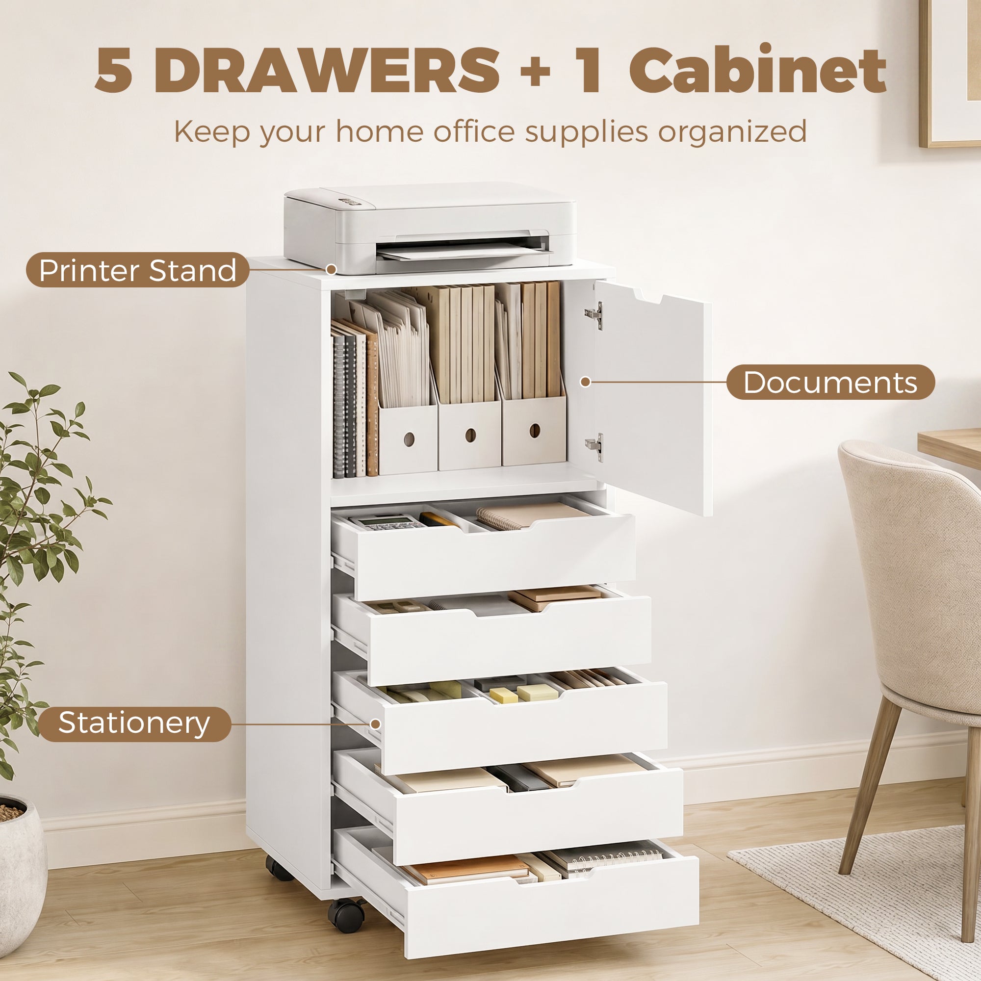 File Cabinet on Wheels Mobile Printer Stand with 5 Drawers for Home Office White-Office Products > Office Furniture > Office Cabinets & Cupboards-DECOROLALA