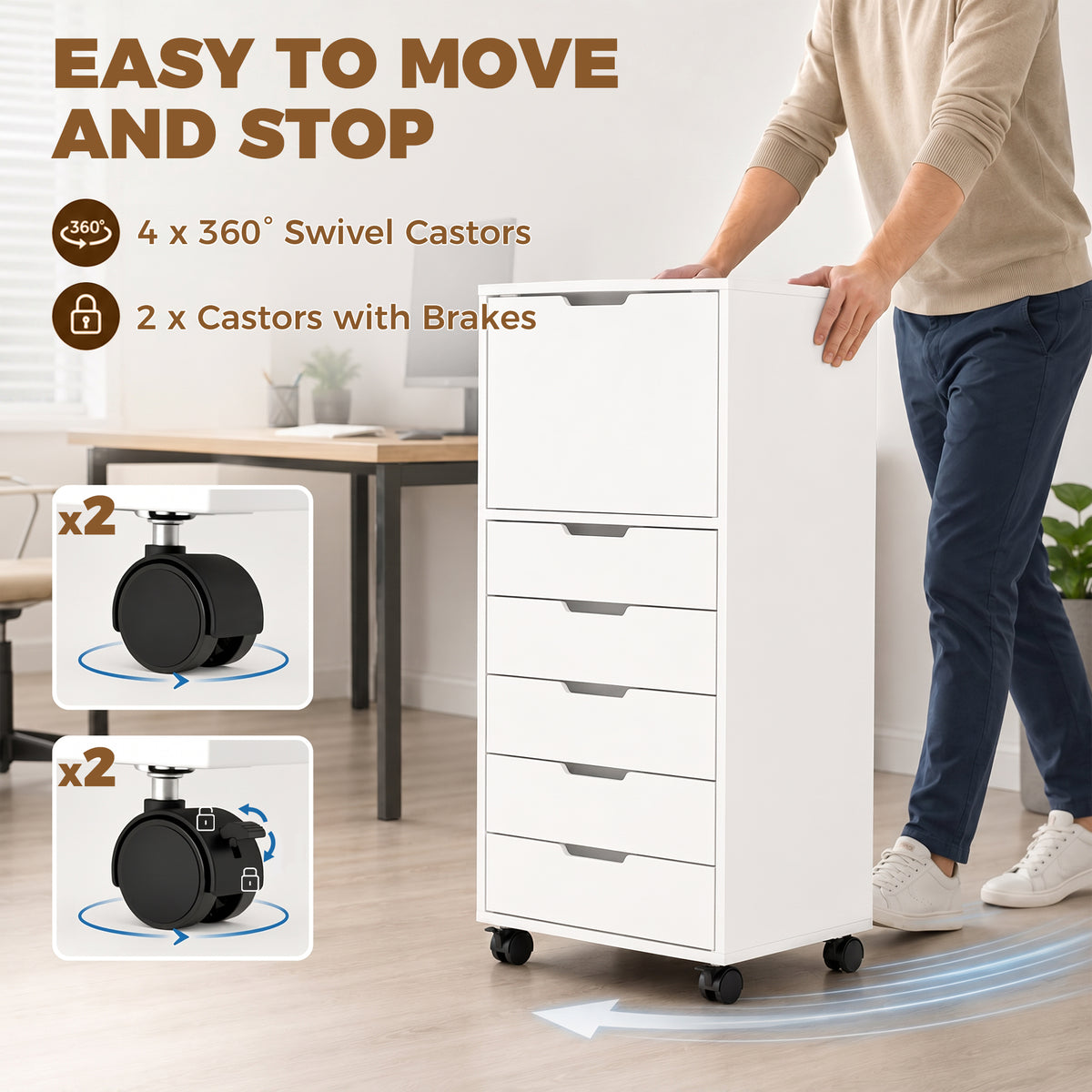 File Cabinet on Wheels Mobile Printer Stand with 5 Drawers for Home Office White-Office Products > Office Furniture > Office Cabinets & Cupboards-DECOROLALA